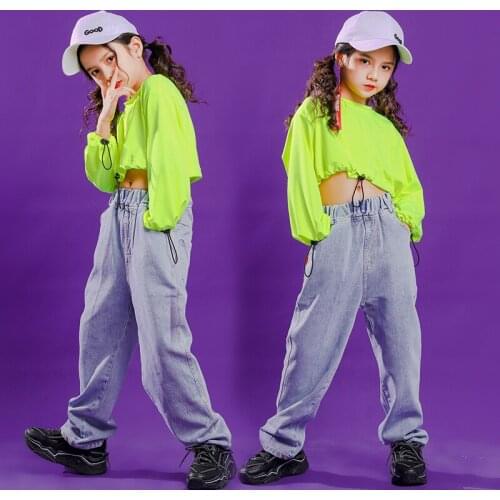 Kids Carnival Hip Hop Clothing Loose Sweatshirt Crop Tops T Shirt Casual Jeans Pants for Girl Jazz Dance Costume Clothes wear