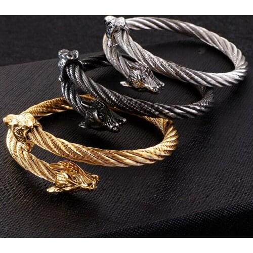 Hot selling Pure Stainless Steel Wolf Open Cuff Bangle Mens Bracelet Biker Jewelry choose color