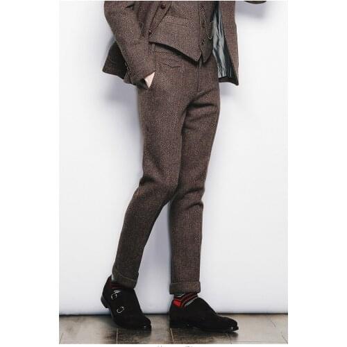 Mens Suit Retro Nine Trousers Formal Slim Fit Grooms Solid Herringbone Pants For Wedding Business Classic Banquet Trousers