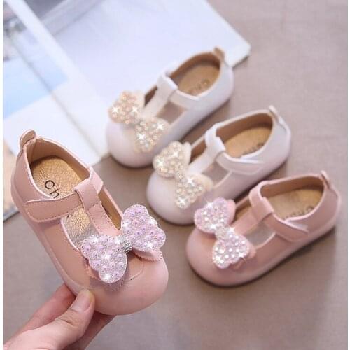 Baby Girls Leather Shoes for Infants Toddlers Childrens Soft Flats Bow-knot Rhinestone Pearls Beading T-tied Princess Sweet New