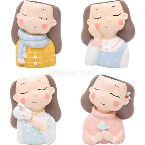 Cute Girl Succulent Planters, Vinyl Flower Pot Pen Holder for Home Table Top Decor