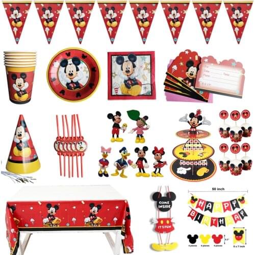 Cartoon Mickey Mouse Birthday Party Decorations Kids Anniversaire Celebration Party Napkins Cup Plate Flag Disposable Tableware