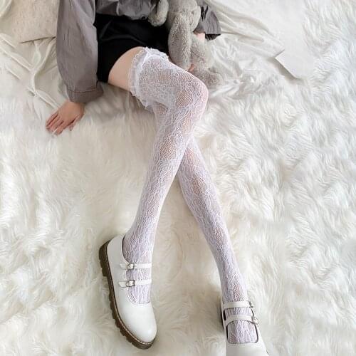Lolita Long Tube White Lace Mesh Female Over-knee High-tube Thigh Middle-tube Calf Socks Thin Section Student Jk Black and White
