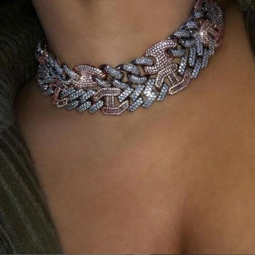 New 15mm Width Bling 5A CZ Cuban Link Chain Choker Necklace Iced Out Hip Hop Big Chunky Women Men Two Tone Cuban Chain Jewelry