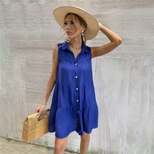 Summer Dress Women Solid Turn-down Collar Sleeveless Office Ladies Shirt Dress Plus Size Loose Casual Vestidos A-Line Robe Femme