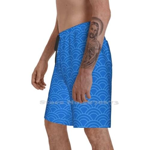 Waves / Japanese / Royal Blue Running Swimming Fitness Sports Shorts Luxury Geometric Pattern Japanese Patterns Patterns Beach
