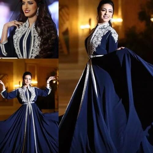 Blue Moroccan Kaftan Caftan Muslim Evening Dresses A-line 3/4 Sleeves Chiffon Appliques Dubai Arabic Turkey Abaya Islamic Gown
