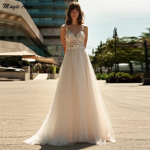 Magic Awn Light Champagne Boho Wedding Dresses Appliques Illusion Back Pricness Beach A-Line Mariage Gowns Simple Vestidos Boda