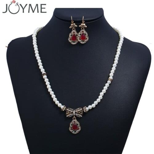 Turkish Jewelry Vintage Gold Necklace And Earring Sets Wedding Bridesmaid Bridal Jewelry Set Pearl Jewelery Sets for Women