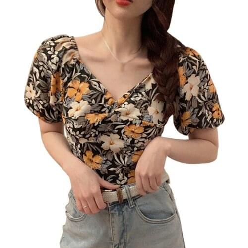 Womens Floral Print V-Neck Blouse Summer Vintage Sexy Sweet Navel Exposed Short Sleeve Chiffon Shirt