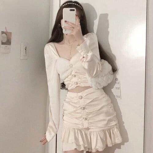 Elegant Spring Two Piece Set Women V Neck Long Sleeve Draped Blouse + High Waist Hip Ruffles Skirt 2021 New Suit Slim