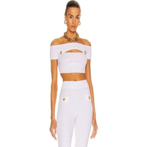 2021 Womens Two-Piece Set Celebrity Party Button Decoration Hollow Design Short Sleeve Road Shoulder Bodysuit Club Bandage Set