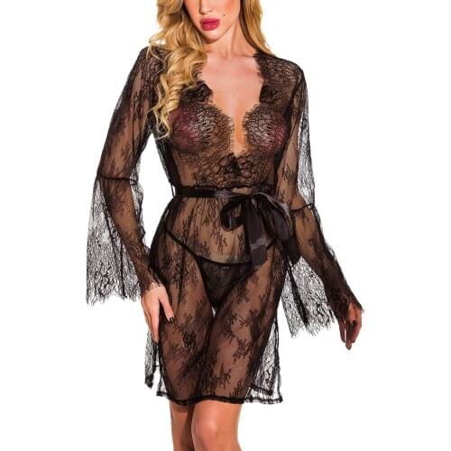Women Sexy Lingerie Lace See-through Robe Female Sexy Long Sleeve Lace See-through Robe for Women