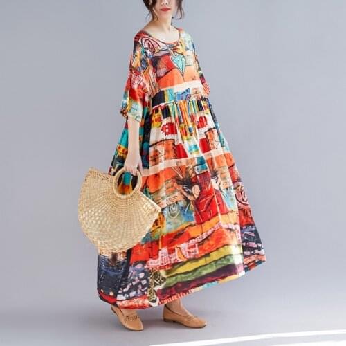 European Fashion Women Dresses Summer 2019 Loose Casusal Long Dress Floral Vintage Robe Femme Kaftan Boho Chic Dresses AA4802