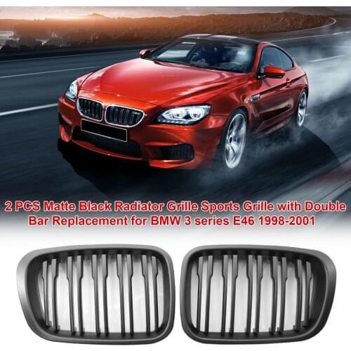 2 PCS Matte Black Radiator Grille Sports Grille with Double Bar Replacement for BMW 3 series E46 Saloon Touring 1998-2001
