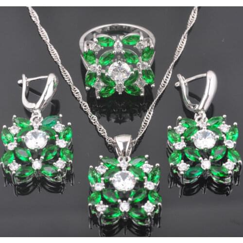 2021 New Perfect Green Zirconia Womens Silver Color Jewelry Sets Earrings Pendant Necklace Rings QZ0360