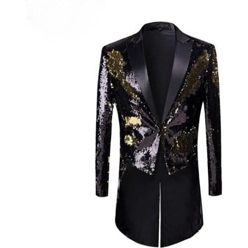 2021 Full Sequins Series Male Fashion Gold Black Double-Color Sequins Tailcoat Stage Singers Wedding Grooms Tuxedo Blazer Coat