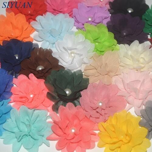 40pcs/lot DIY Boutique Chiffon Flower Hair Clip Pearl Center Chiffon Flower Girl Barrettes Clip MH83