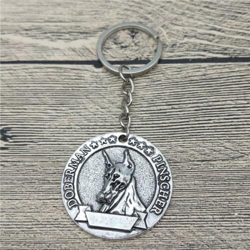 Elfin Vintage Doberman Pinscher Keychains Antique Silver Plated Doberman Pinscher Key Chains Keyrings Pet Dog Jewellery