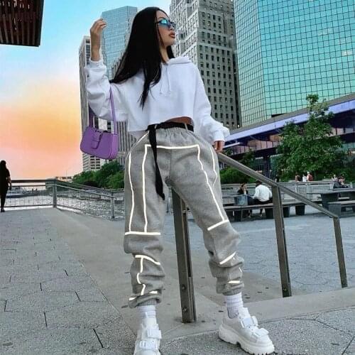Reflective Strip Patchwork Pants Woman Fashion Casual Trousers Hip Hop Streetwear Female Clothes Slim Fit Jogging Pant DG008