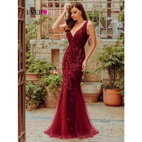 Burgundy Evening Dresses For Women Party Ever Pretty EP07886 Elegant V-Neck Mermaid Sequin Wedding Formal Gown Abendkleider 2021