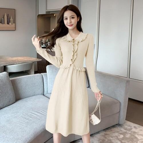 One-Piece Winter Korean Fashion Women Clothing Female Fungus Lapel Simple Base Sweater Knit Dress Ladies Elegant Vintage Vestido