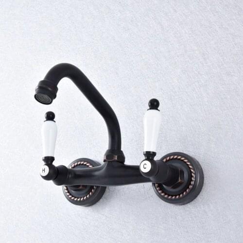 Black Oil Rubbed Bronze Brass Wall Mounted Dual Ceramic Handles Levers Kitchen Bathroom Vessel Sink Faucet Mixer Taps asf751