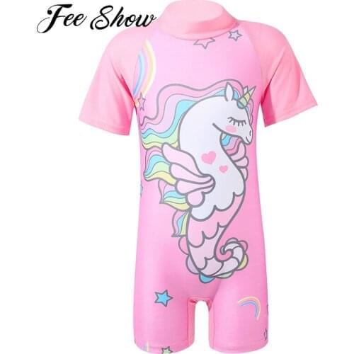 Children Swimsuit for Girls 2021 One Piece Zipper Back Short Sleeve Boyshorts Printed Swimwear Rash Guard Bathing Suit Beachwear