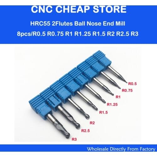 8PC radius 0.5 0.75 1.0 1.25 1.5 2.0 2.5 3.0 HRC55 2 flutes Tungsten Carbide Ball Nose End Mill set 50MM CNC milling 55HRC mill