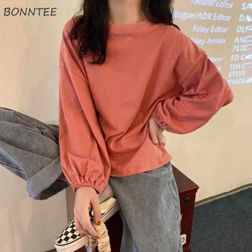 T-shirts Women Solid Loose All-match Lantern Sleeve Tops Simple Casual Candy Color Preppy Style Students Ulzzang Chic Clothing