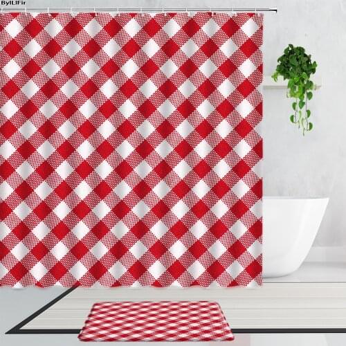 Red And White Lattice Geometric Fabric Shower Curtains Simple Art Polyester Bathroom Decorative Curtain Set Non-Slip Carpet Mat