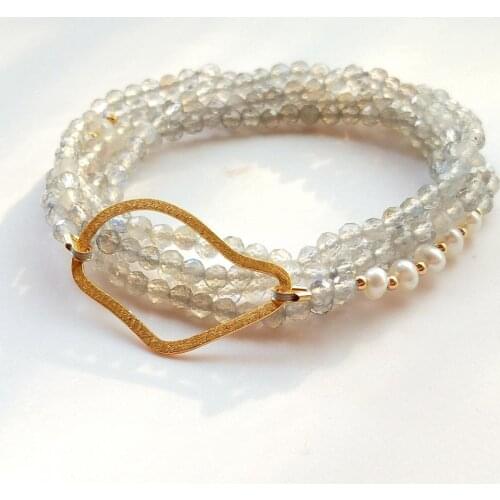 Lii Ji Labradorite Pearl Beads 925 Sterling Silver 18K Gold Plated Long Handmade Delicated Necklace 32 inch/81cm