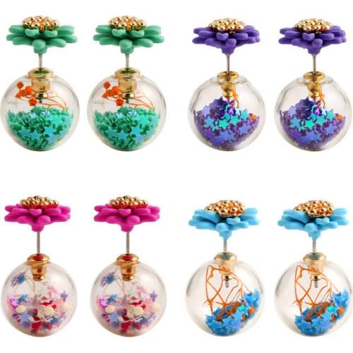 Trendy Ball Double Side Pearl Stud Earrings Glass Beads Elegant Sunflower Statement Earrings Summer Style Fashion Jewelry #ER130