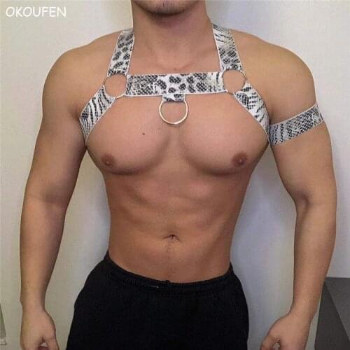 Mens Sexy Snake Print Chest Strap Nightclub Bar show accessories Men muscle Fitness costumes fashion show