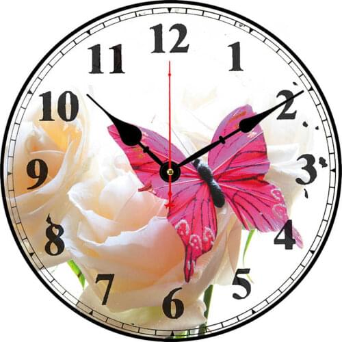 Pink Butterfly Rose Flower Wall Clock Silent Non Ticking Operated Round Easy To Read Home Office School Home Decorative Clock