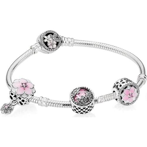 NEW Genuine 100% 925 Sterling Silver Bracelet Set For Europe Women Spring flowers Original birthday Gift DIY Charm Jewelry