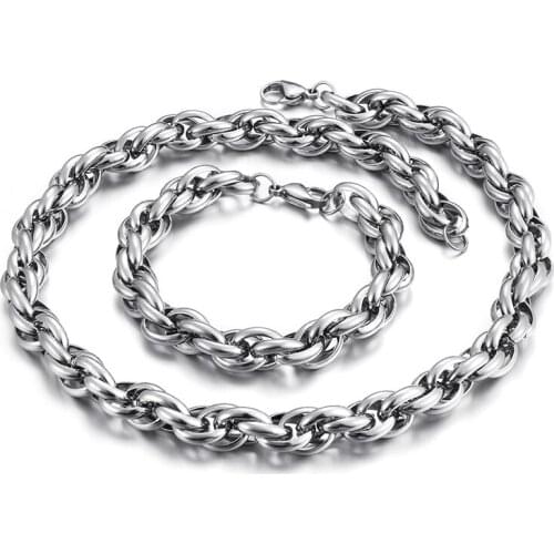 HIgh Polished Mens Stainless Steel Rope Link chain Necklace & Bracelet set 10mm 24''+8.5'' set gifts