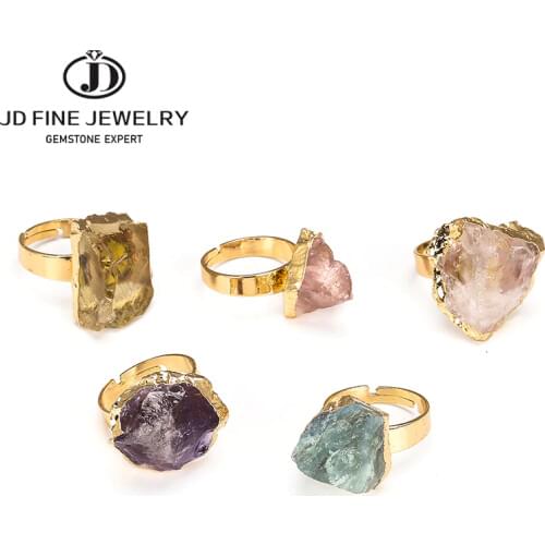 JD Purple Quartz Adjustable Ring Irregular Natural Rough Stone Crystal Druse Jewellery Women No Finger Size Limited Gold Color