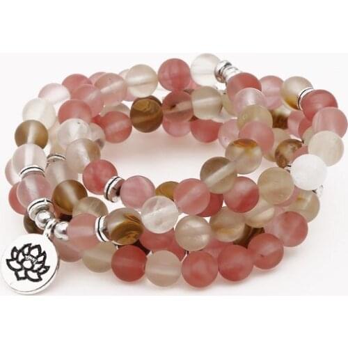 Pink 108 beads 8mm elastic adjustable Lotus life tree Buddha OM eye Chakra Reiki agate Onyx Yoga Bracelet necklace ikg4x