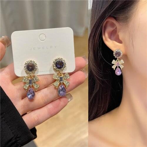 Korean Light Luxury Full Rhinestone Bow Clip on Earrings Female Sweet Purple Rhinestone Pendant Clip Earrings Without Piercing