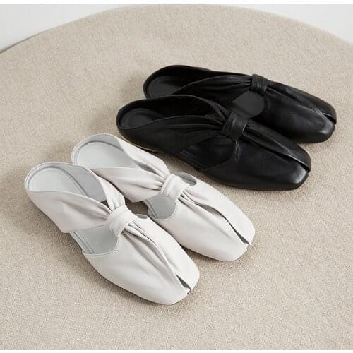 Womens genuine leather Pleated flats slides round toe leisure female summer casual daily sandalias shoes for women