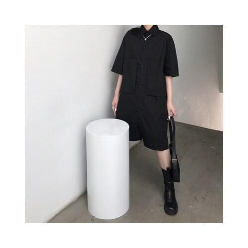 Dark wind big pocket black shirt womens design sense small summer loose long style short-sleeved shirt