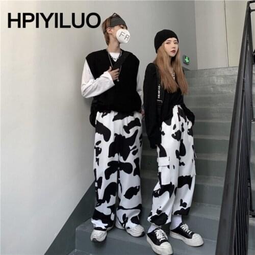 HPIYILUO Cow Print Wide Leg Cargo Pants Women Oversize Harajuku Korean Fashion Plus Size Straight Trousers Fo