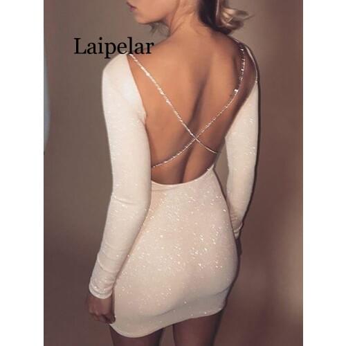 Laipelar Autumn Sexy Women Backless Party Cocktail Slim Short Mini Dress Fashion Long Sleeve Sheath White Mini Dresses