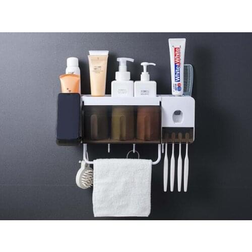 1PC Multi-functional Bathroom Shelf Wall-mounted Toothbrush Rack with Towel Rod Hook Automatic Toothpaste Squeezer OK 0729