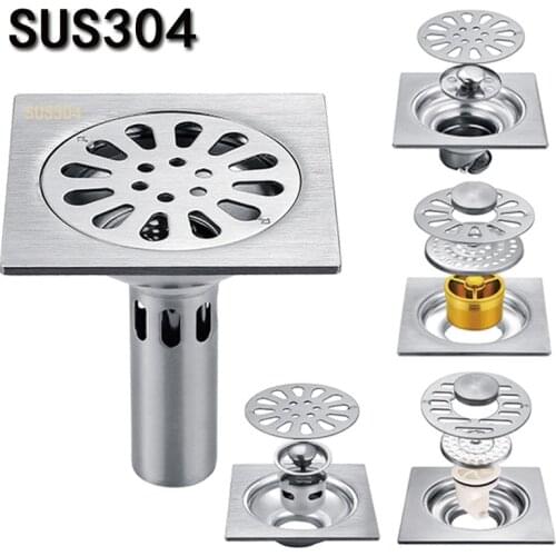 10 * 10cm Floor Drain 304 Stainless Steel Brushed Deodorant Core Self-sealing Bathroom Washing Machine Water Plug Floor Drain