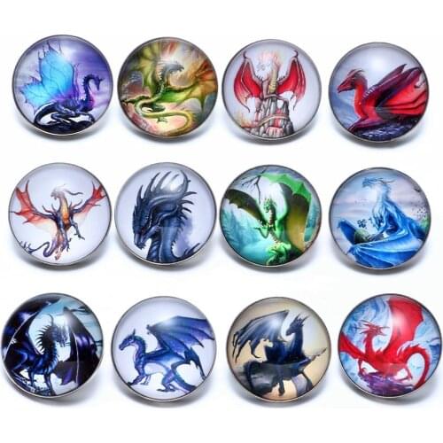 12pcs/lot Dragon Themes Glass Charms 18mm Snap Button Jewelry For 18mm Snaps Bracelet Snap Jewelry KZ0665b