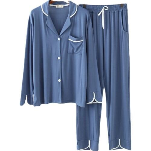 Modal 2PCS Women Pajamas Sets Sexy Turn-Down Collar Pyjamas Sleep Suit Sleepwear Nightwear Lingerie Solid Loungewear Home Wear