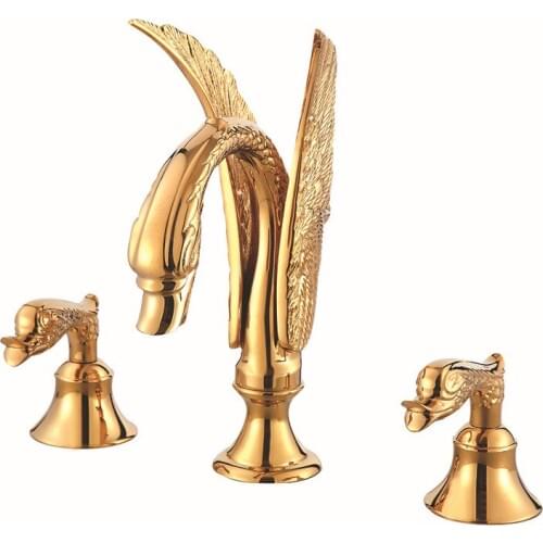Free shipping 3 PIECEs gold clour 28CM height swan sink faucet widespread lavatory sink faucet