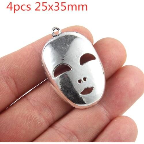 4Pcs 25x35mm Comedy Mask Charms Antique Silver Color Tone Pendant Findings Diy Aesthetics Accessories Handmade Jewelry Making